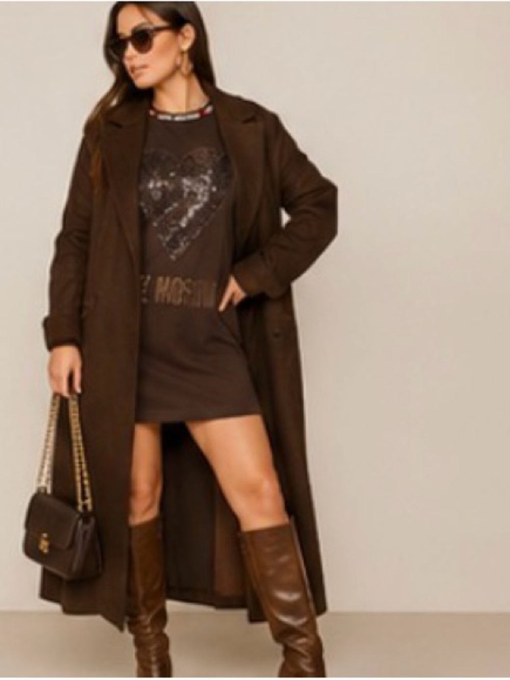 Love Moschino Brown Sequin Heart Long-Sleeve Mini Dress โ Size 6 / IT 40